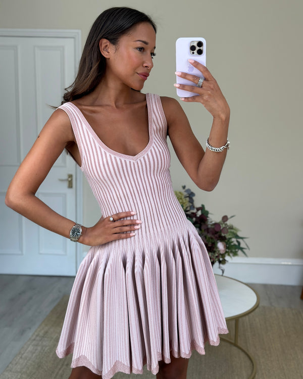 Alaia Pink V-Neck Skater Dress with Shimmer Stripe Detail FR 38 (UK 10)